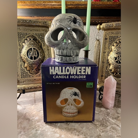 Halloween Skull Spider Web And Spider Luminary Vtg - Picture 1 of 14